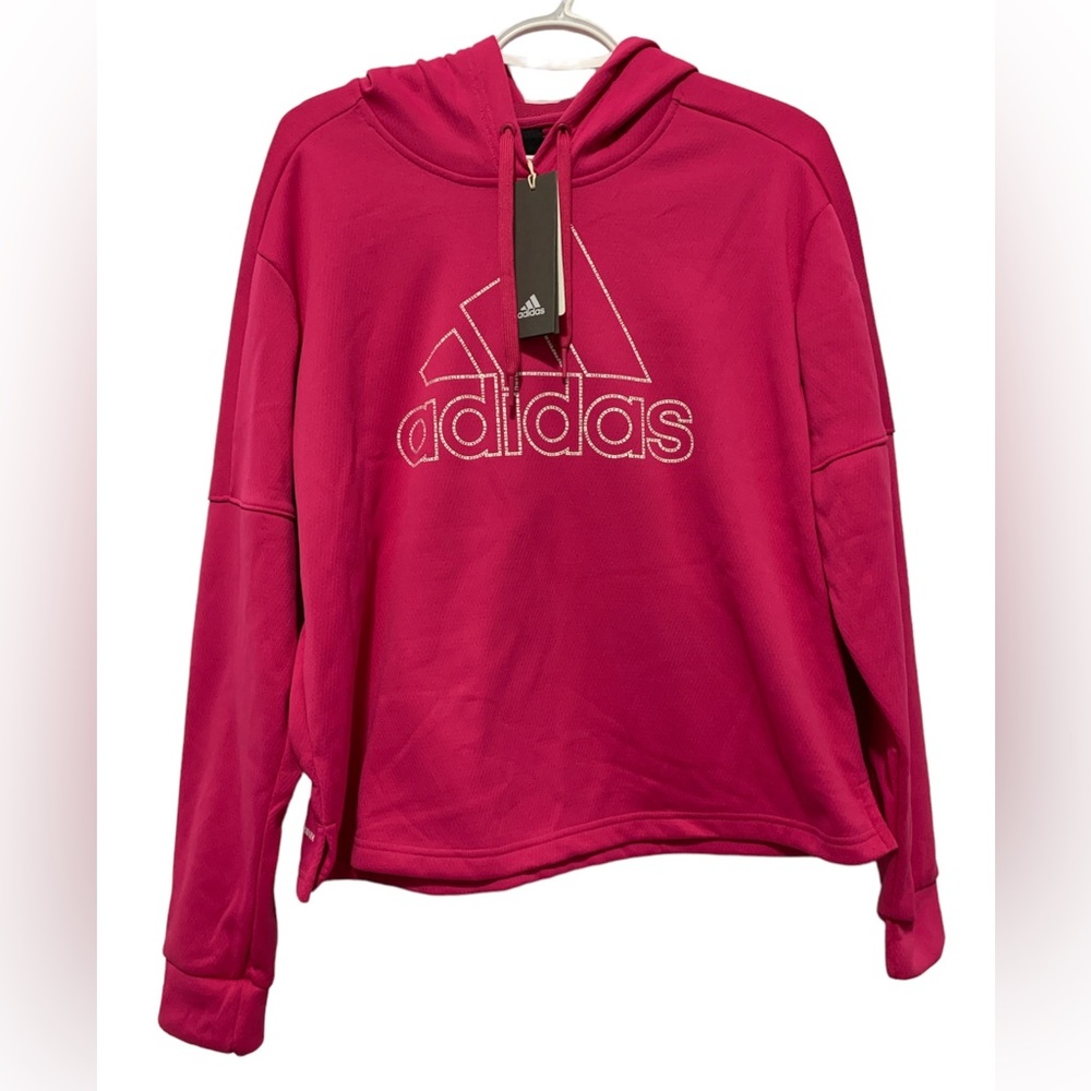 Adidas Womens Large Hooded Pullover Sweatshirt Pink White Drawstring Mesh New